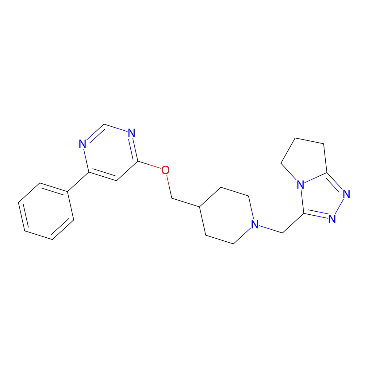4-phenyl-6-{[1-({5H,6H,7H-pyrrolo[2,1-c][1,2,4]triazol-3-yl}methyl)piperidin-4-yl]methoxy}pyrimidine molecular structure, CAS 2380058-38-6