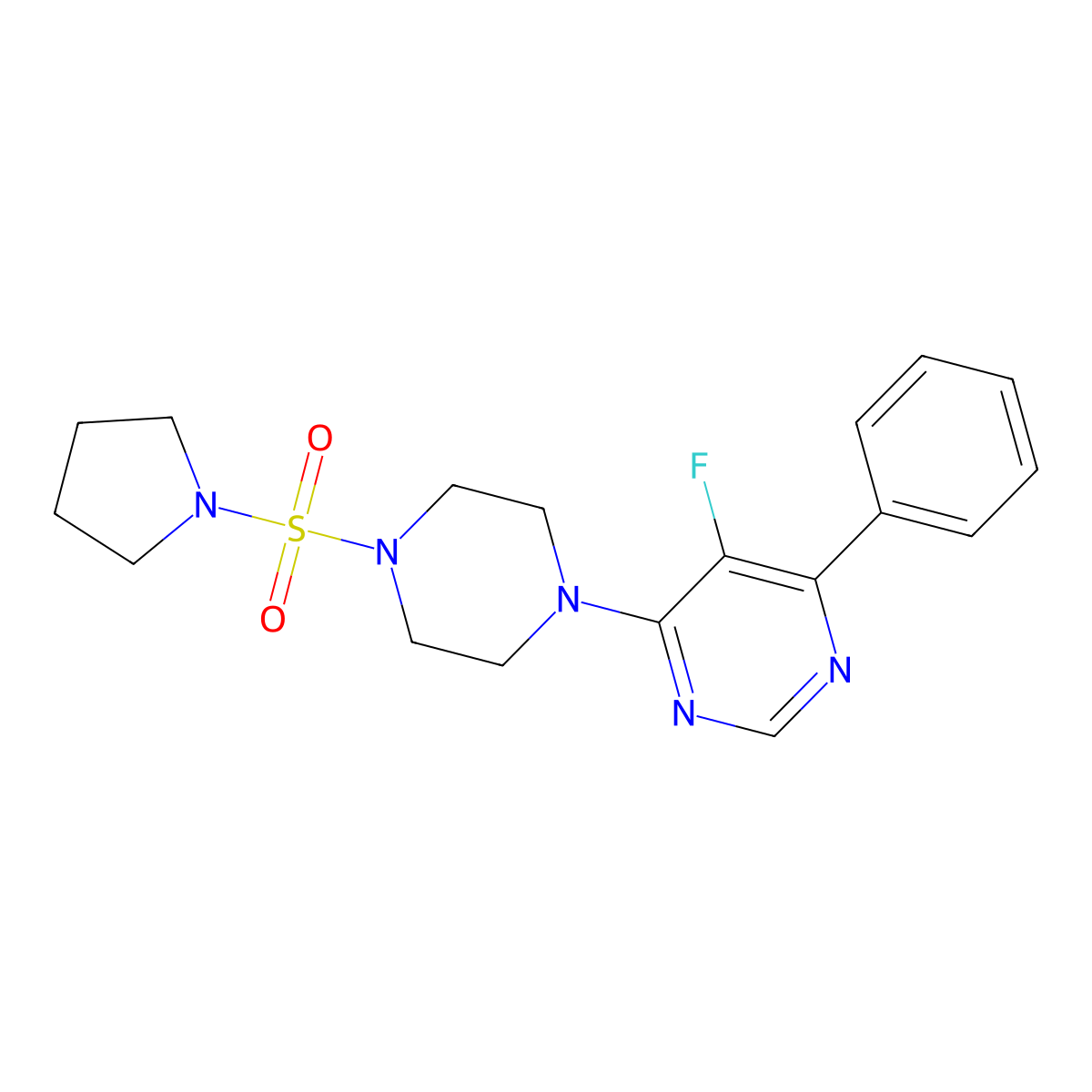 5-Fluoro-4-phenyl-6-[4-(pyrrolidine-1-sulfonyl)piperazin-1-yl]pyrimidine molecular structure, CAS 2380058-72-8