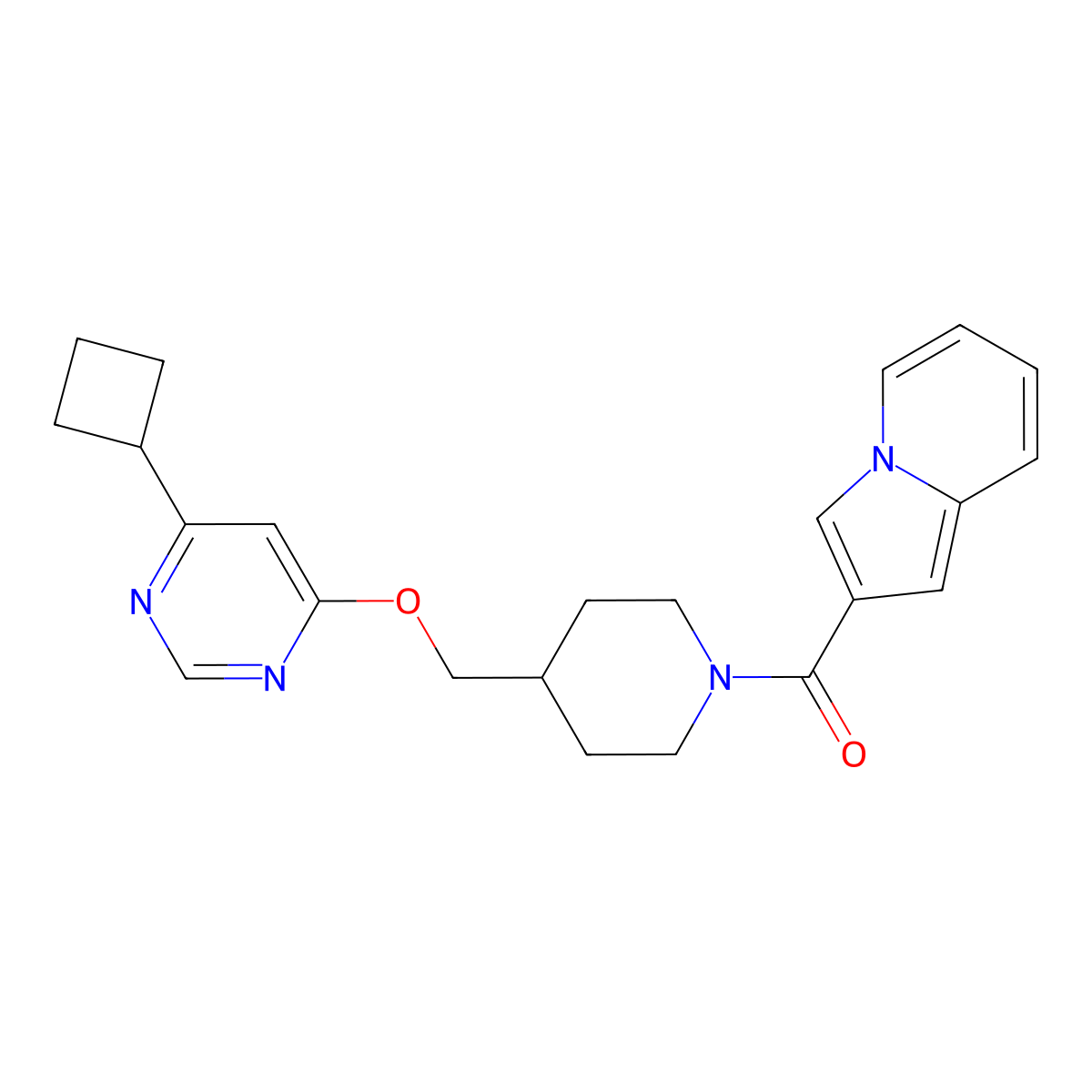 2-(4-{[(6-Cyclobutylpyrimidin-4-yl)oxy]methyl}piperidine-1-carbonyl)indolizine molecular structure, CAS 2380058-96-6