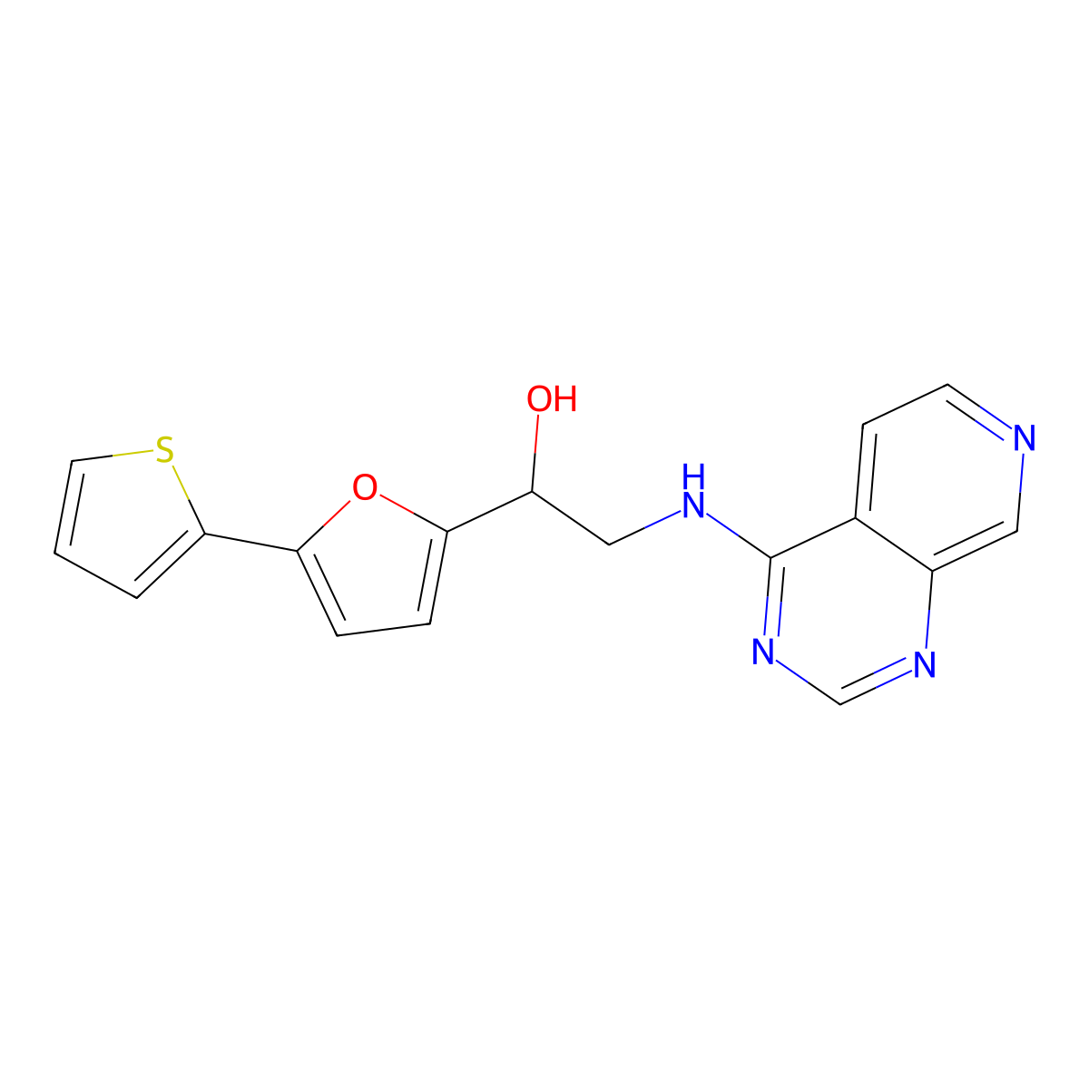 2-({Pyrido[3,4-d]pyrimidin-4-yl}amino)-1-[5-(thiophen-2-yl)furan-2-yl]ethan-1-ol molecular structure, CAS 2380058-99-9
