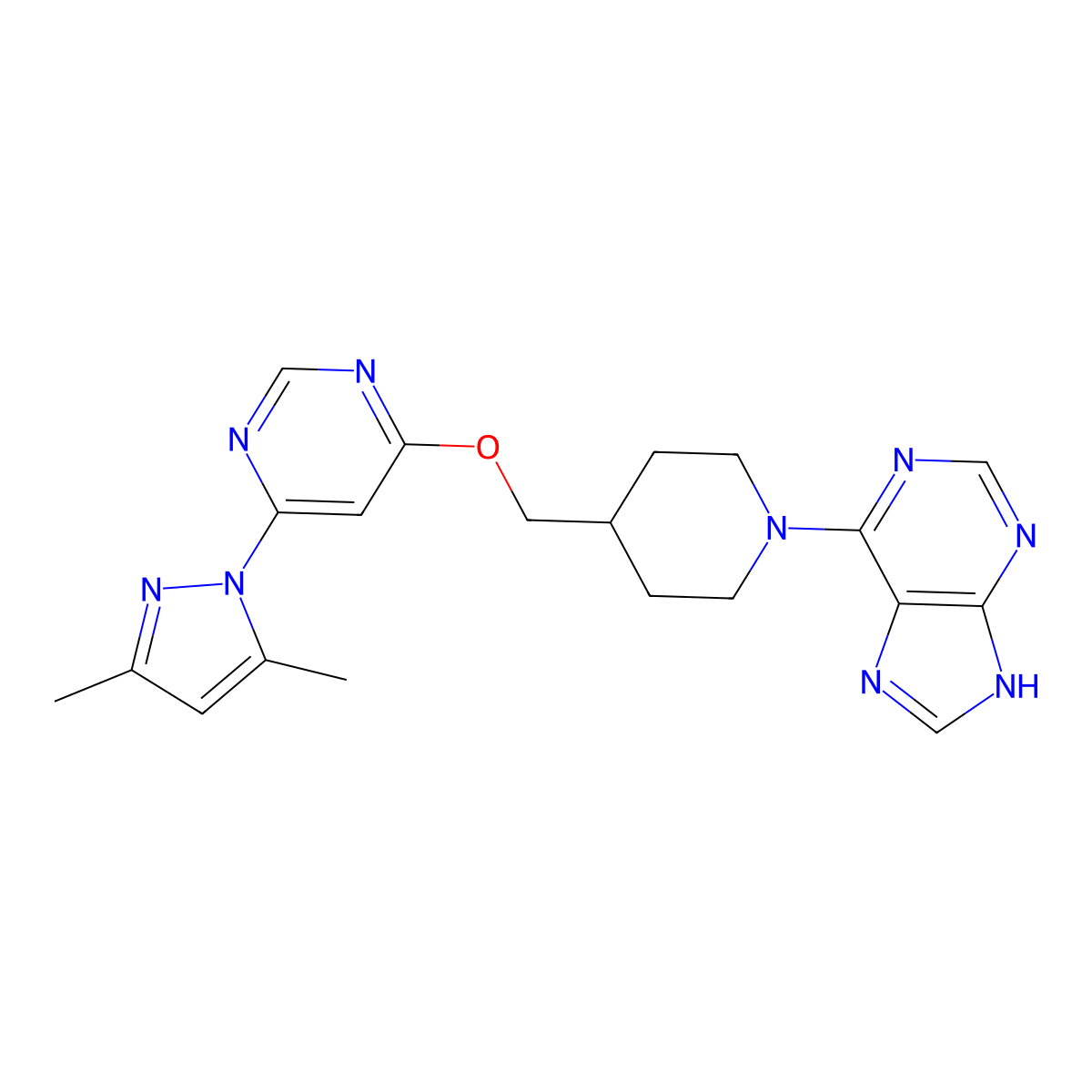 6-[4-({[6-(3,5-dimethyl-1H-pyrazol-1-yl)pyrimidin-4-yl]oxy}methyl)piperidin-1-yl]-9H-purine molecular structure, CAS 2380059-02-7