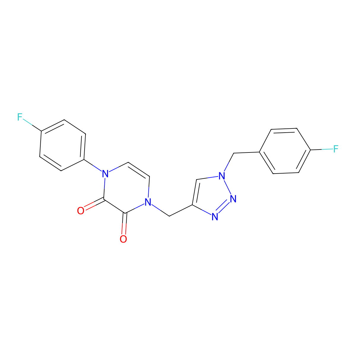 1-(4-Fluorophenyl)-4-[[1-[(4-fluorophenyl)methyl]triazol-4-yl]methyl]pyrazine-2,3-dione molecular structure, CAS 2380059-20-9