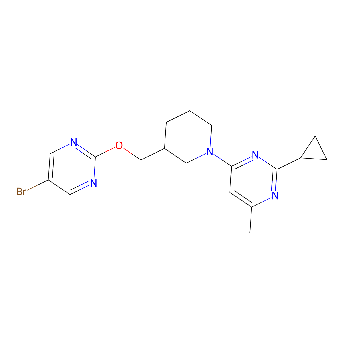 4-(3-{[(5-Bromopyrimidin-2-yl)oxy]methyl}piperidin-1-yl)-2-cyclopropyl-6-methylpyrimidine molecular structure, CAS 2380059-27-6