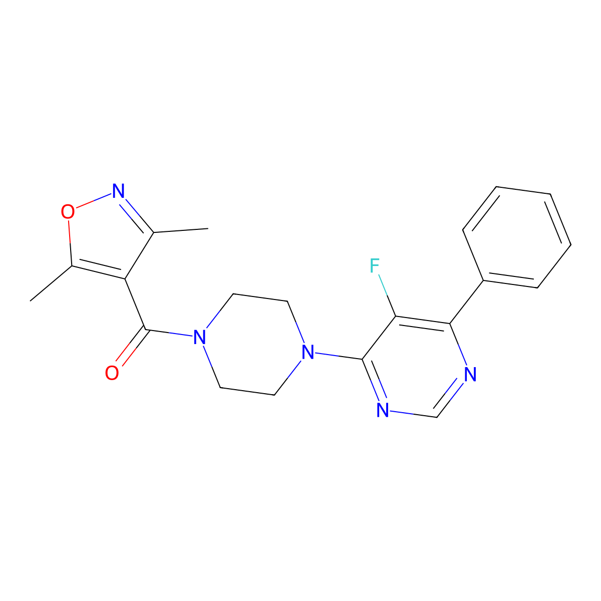 4-[4-(3,5-Dimethyl-1,2-oxazole-4-carbonyl)piperazin-1-yl]-5-fluoro-6-phenylpyrimidine molecular structure, CAS 2380059-37-8