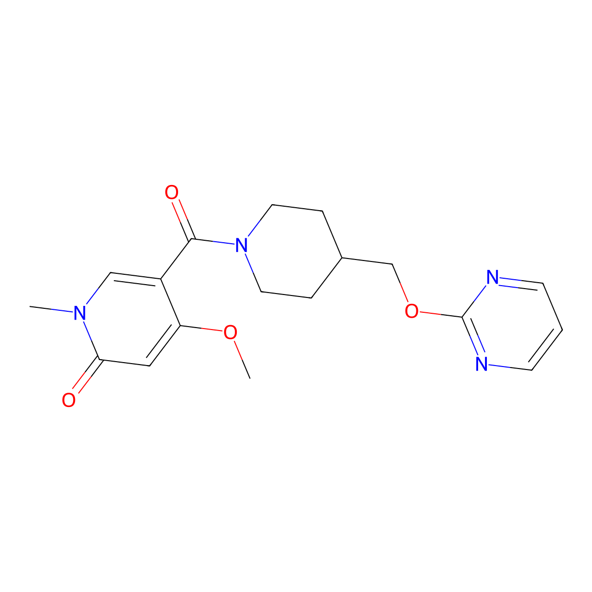 4-Methoxy-1-methyl-5-{4-[(pyrimidin-2-yloxy)methyl]piperidine-1-carbonyl}-1,2-dihydropyridin-2-one molecular structure, CAS 2380059-61-8