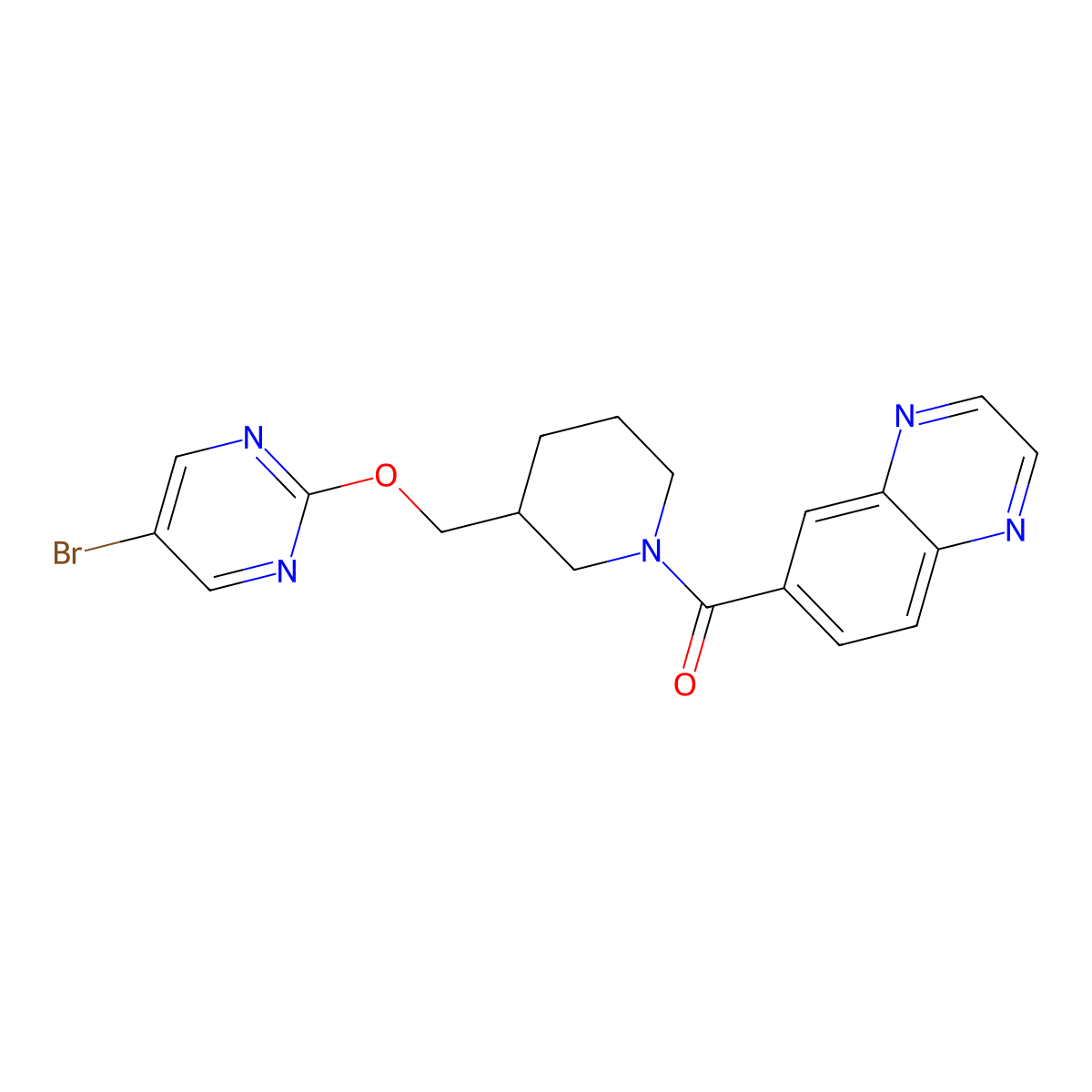 6-(3-{[(5-Bromopyrimidin-2-yl)oxy]methyl}piperidine-1-carbonyl)quinoxaline molecular structure, CAS 2380059-89-0