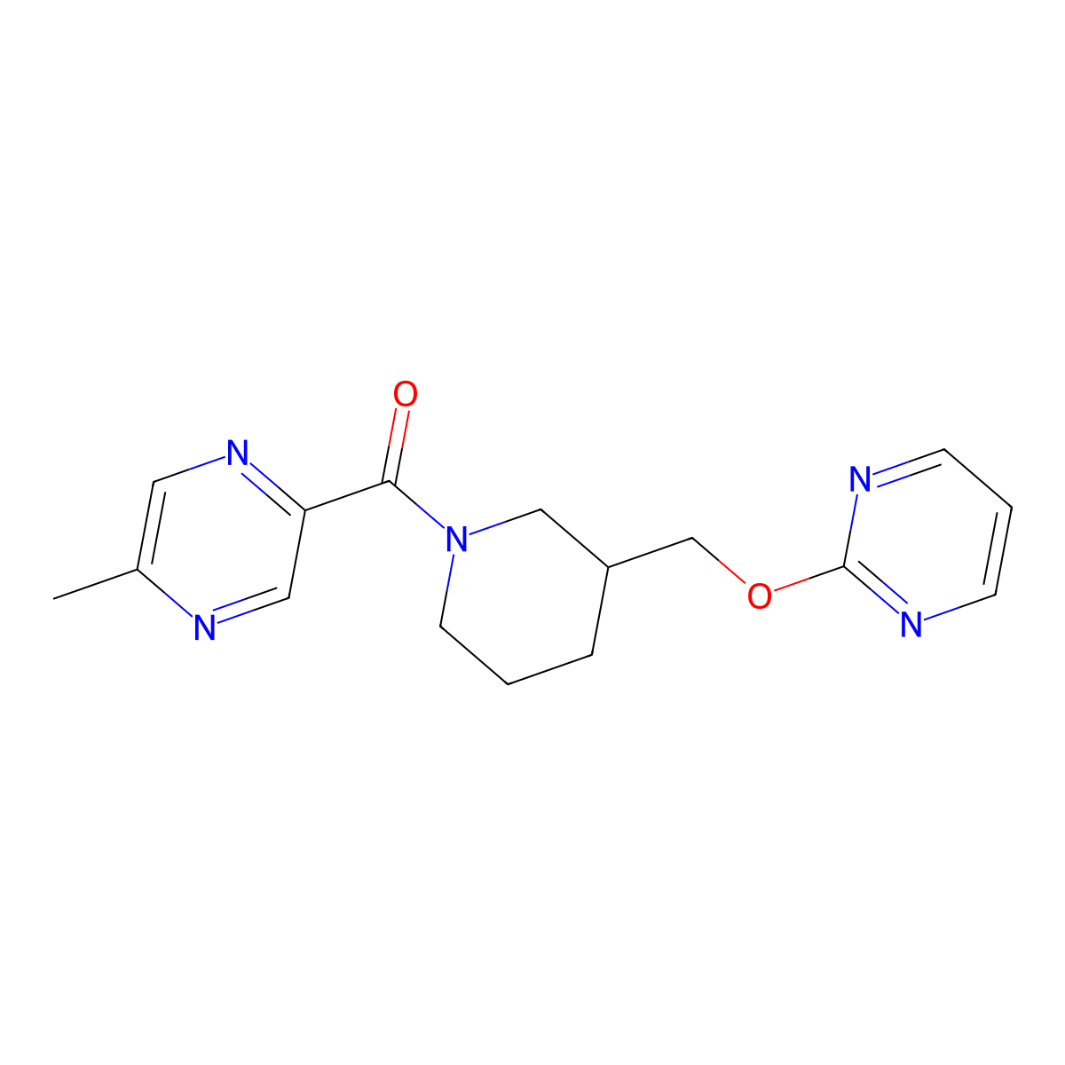 2-Methyl-5-{3-[(pyrimidin-2-yloxy)methyl]piperidine-1-carbonyl}pyrazine molecular structure, CAS 2380060-16-0