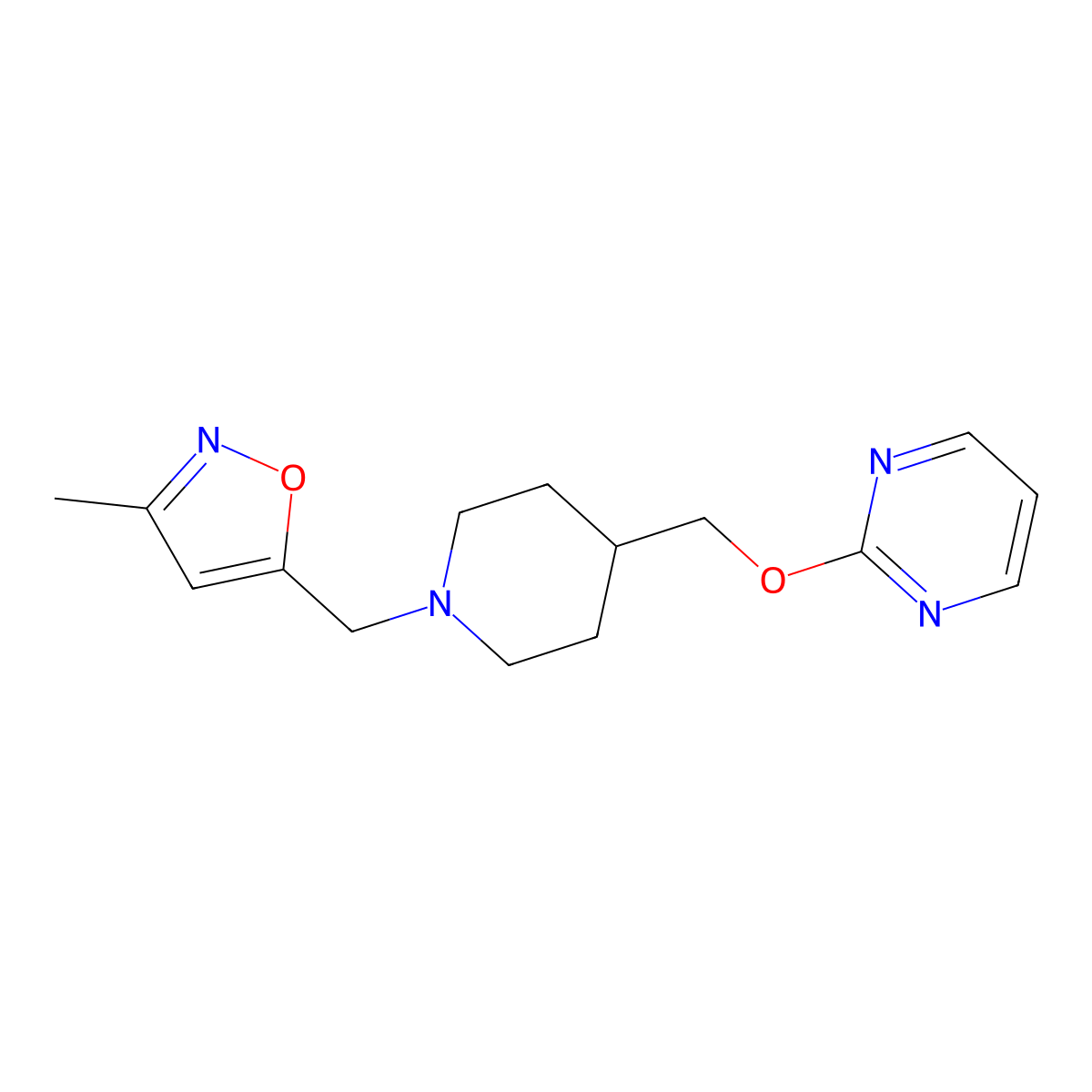 2-({1-[(3-Methyl-1,2-oxazol-5-yl)methyl]piperidin-4-yl}methoxy)pyrimidine molecular structure, CAS 2380060-21-7