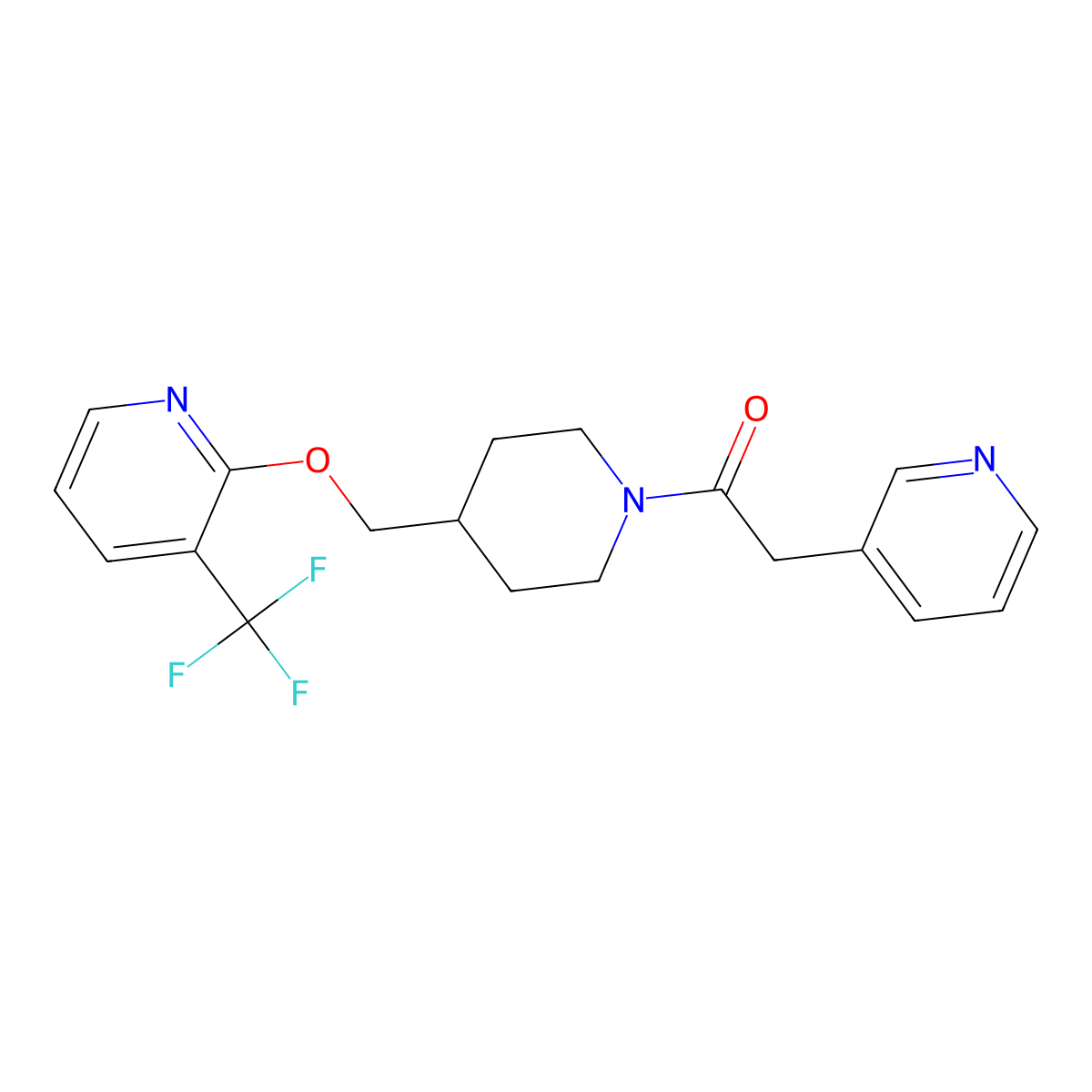 2-(Pyridin-3-yl)-1-[4-({[3-(trifluoromethyl)pyridin-2-yl]oxy}methyl)piperidin-1-yl]ethan-1-one molecular structure, CAS 2380060-24-0