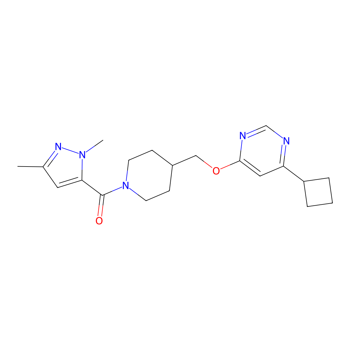 4-cyclobutyl-6-{[1-(1,3-dimethyl-1H-pyrazole-5-carbonyl)piperidin-4-yl]methoxy}pyrimidine molecular structure, CAS 2380060-33-1
