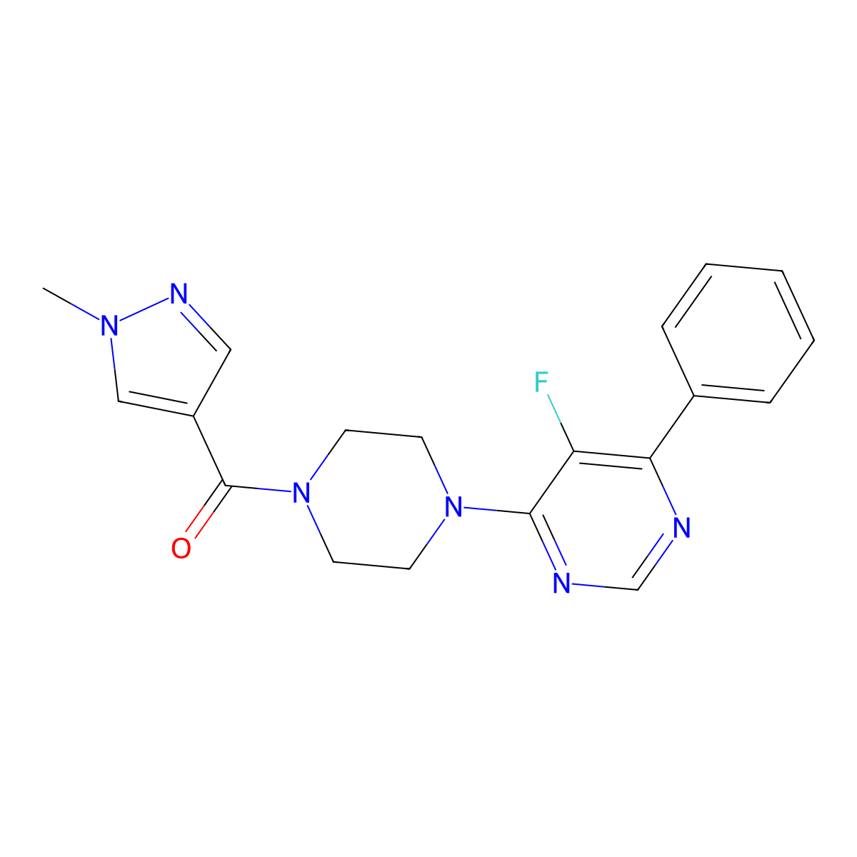 5-fluoro-4-[4-(1-methyl-1H-pyrazole-4-carbonyl)piperazin-1-yl]-6-phenylpyrimidine molecular structure, CAS 2380060-43-3