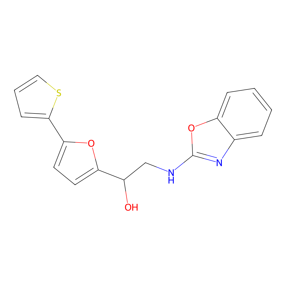 2-[(1,3-Benzoxazol-2-yl)amino]-1-[5-(thiophen-2-yl)furan-2-yl]ethan-1-ol molecular structure, CAS 2380060-66-0