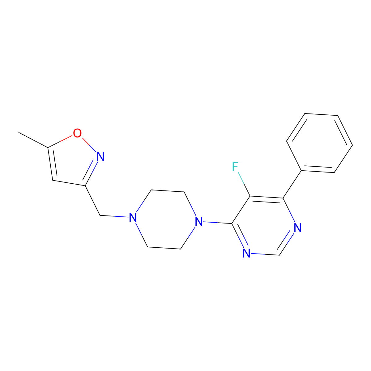 5-Fluoro-4-{4-[(5-methyl-1,2-oxazol-3-yl)methyl]piperazin-1-yl}-6-phenylpyrimidine molecular structure, CAS 2380060-71-7