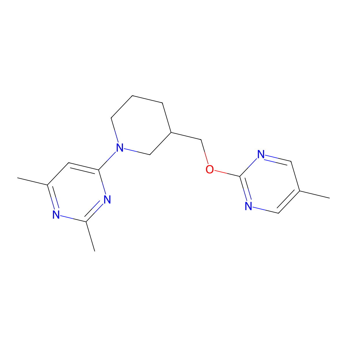 2,4-Dimethyl-6-(3-{[(5-methylpyrimidin-2-yl)oxy]methyl}piperidin-1-yl)pyrimidine molecular structure, CAS 2380060-92-2