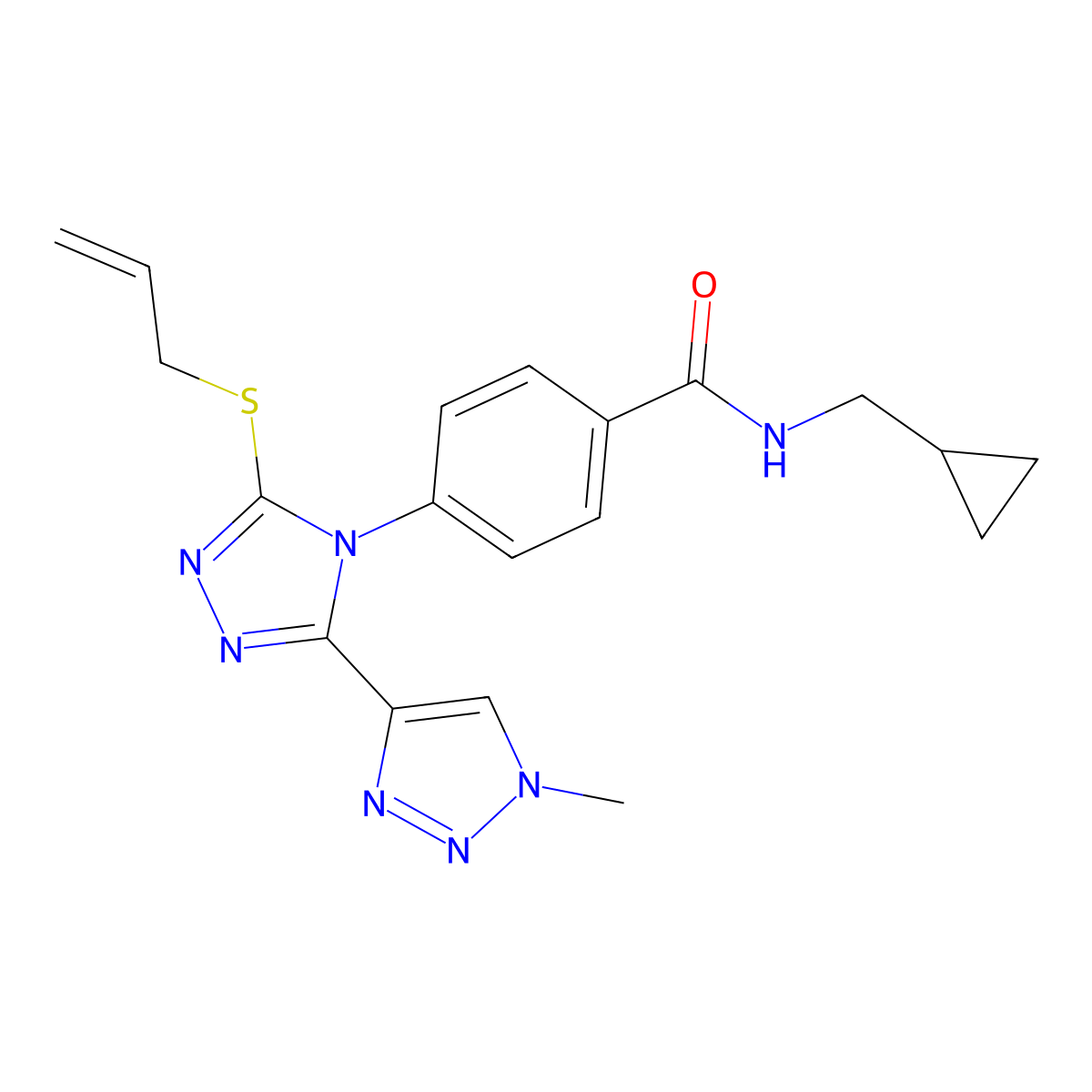 N-(cyclopropylmethyl)-4-[3-(1-methyl-1H-1,2,3-triazol-4-yl)-5-(prop-2-en-1-ylsulfanyl)-4H-1,2,4-triazol-4-yl]benzamide molecular structure, CAS 2380061-16-3