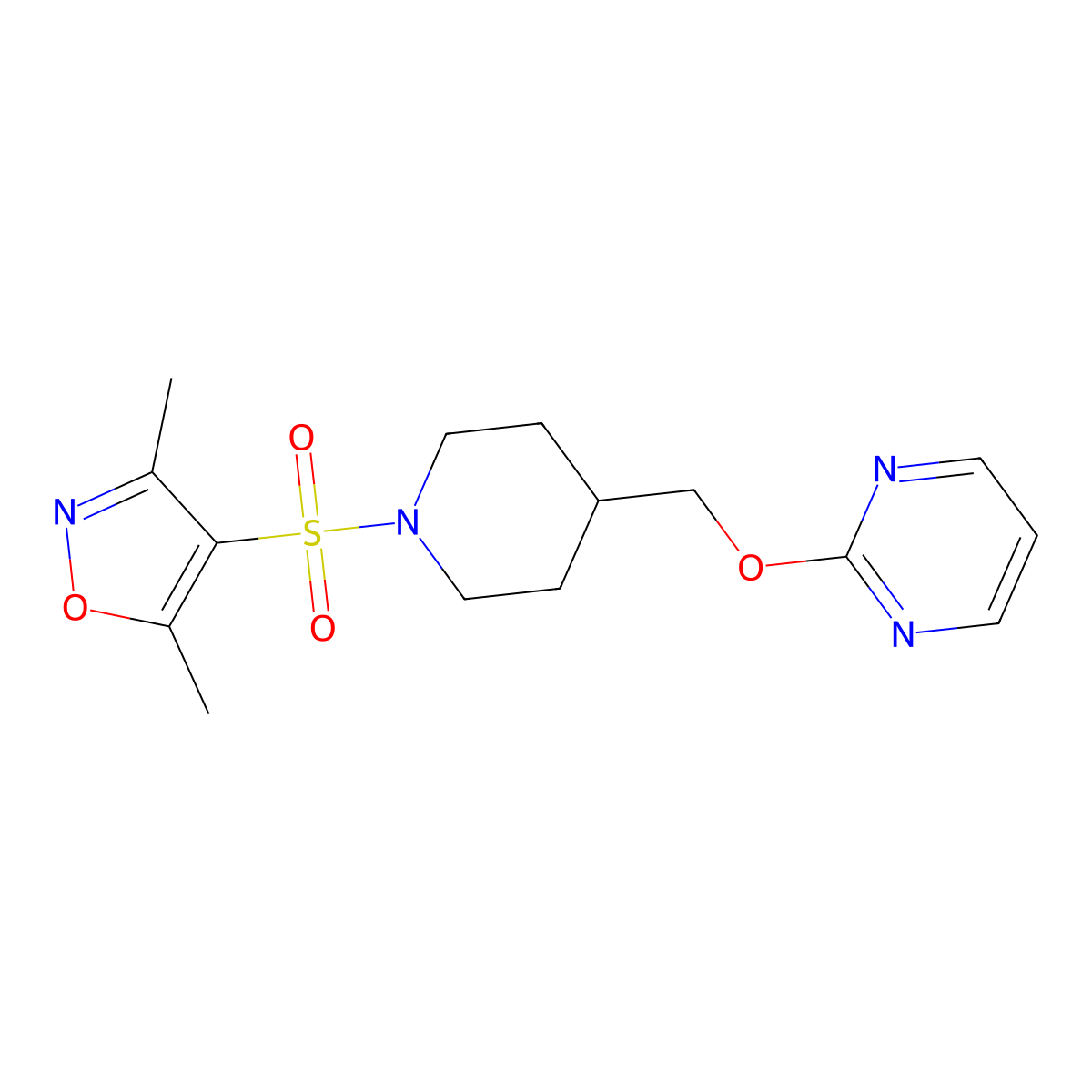 2-({1-[(3,5-Dimethyl-1,2-oxazol-4-yl)sulfonyl]piperidin-4-yl}methoxy)pyrimidine molecular structure, CAS 2380061-21-0