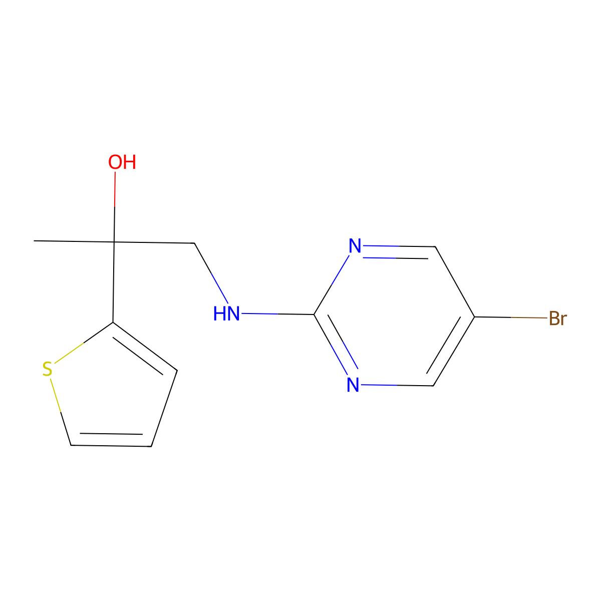 1-[(5-Bromopyrimidin-2-yl)amino]-2-(thiophen-2-yl)propan-2-ol molecular structure, CAS 2380061-25-4
