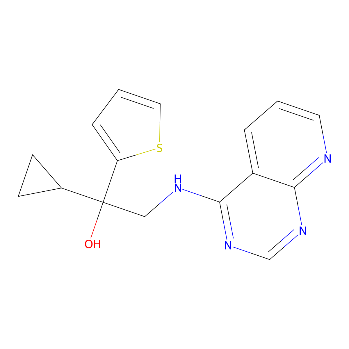 1-Cyclopropyl-2-({pyrido[2,3-d]pyrimidin-4-yl}amino)-1-(thiophen-2-yl)ethan-1-ol molecular structure, CAS 2380061-32-3
