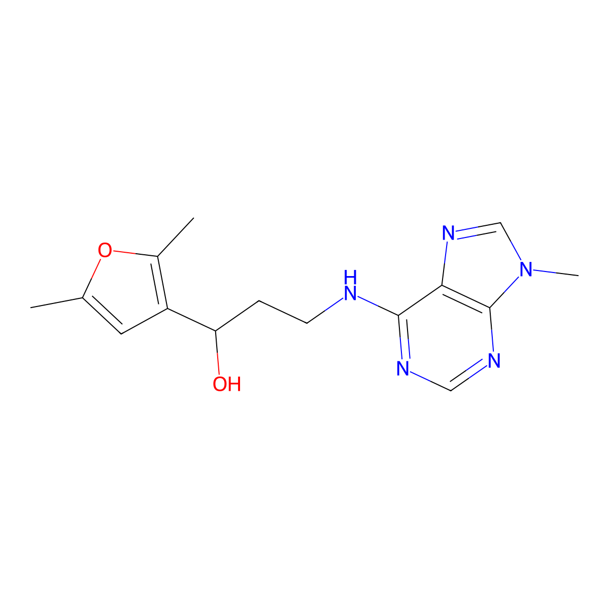 1-(2,5-dimethylfuran-3-yl)-3-[(9-methyl-9H-purin-6-yl)amino]propan-1-ol molecular structure, CAS 2380061-39-0