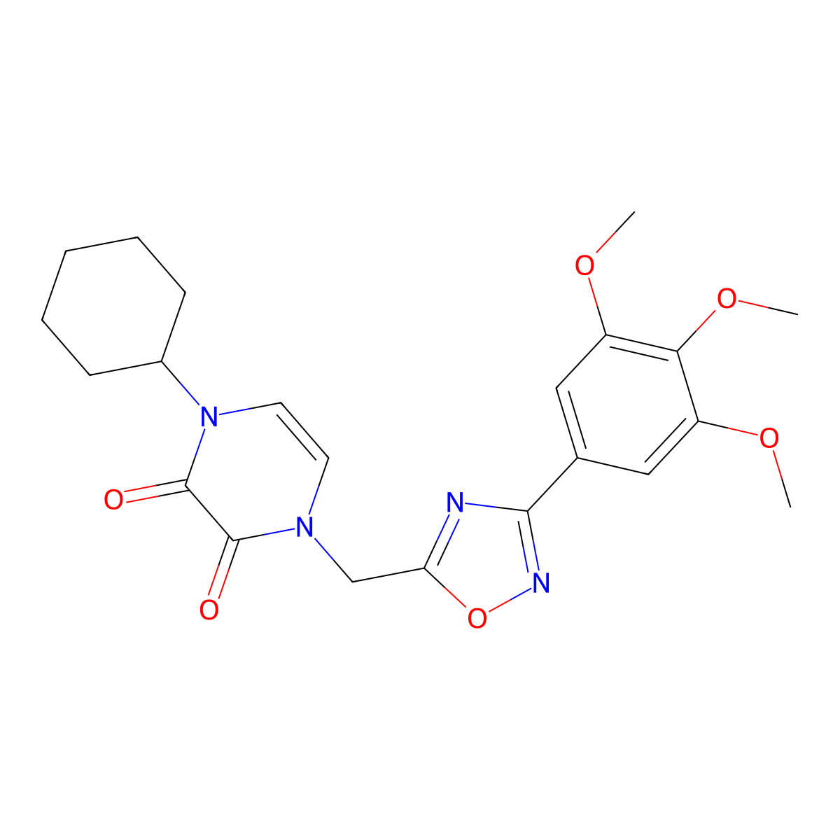 1-Cyclohexyl-4-{[3-(3,4,5-trimethoxyphenyl)-1,2,4-oxadiazol-5-yl]methyl}-1,2,3,4-tetrahydropyrazine-2,3-dione molecular structure, CAS 2380061-44-7