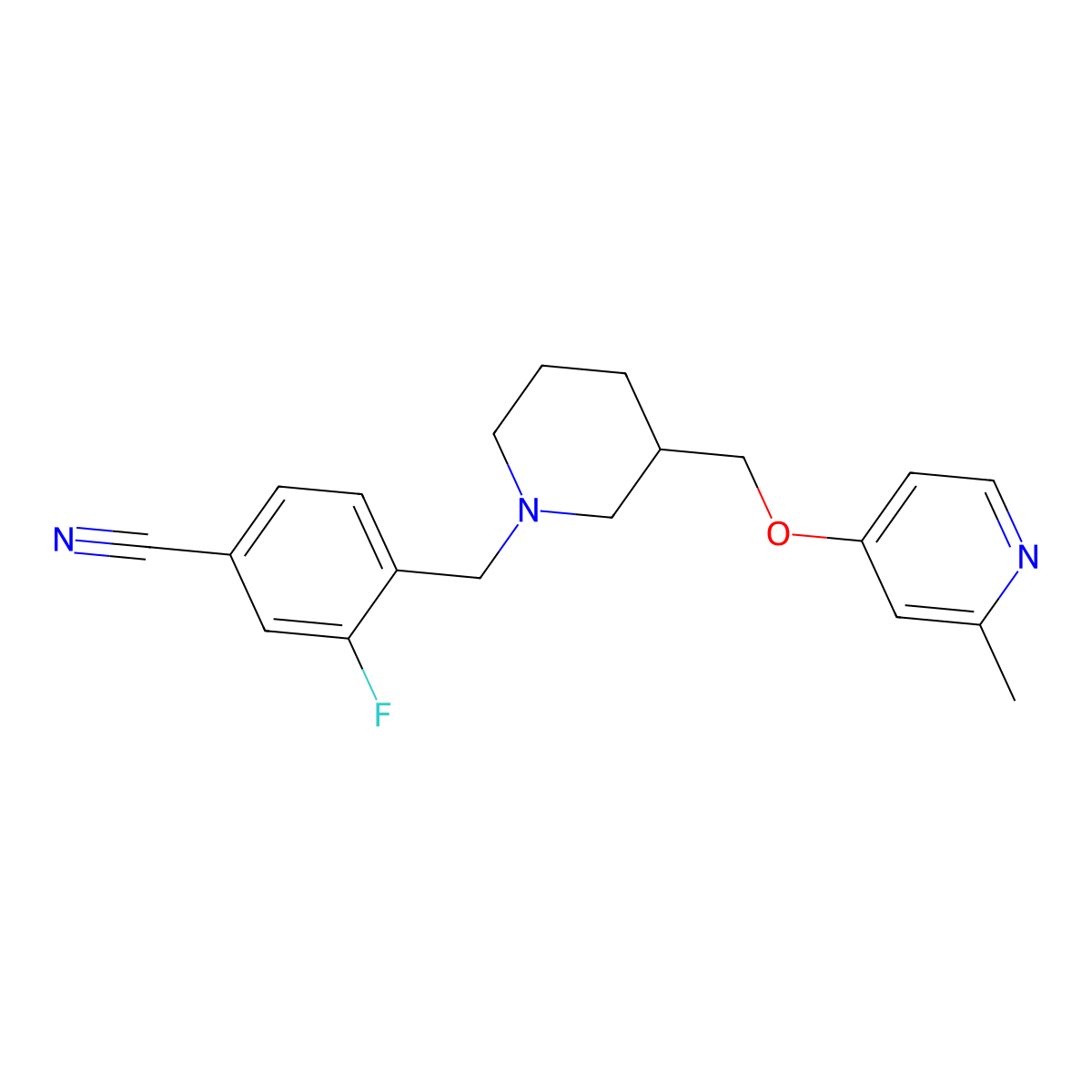 3-Fluoro-4-[(3-{[(2-methylpyridin-4-yl)oxy]methyl}piperidin-1-yl)methyl]benzonitrile molecular structure, CAS 2380061-52-7