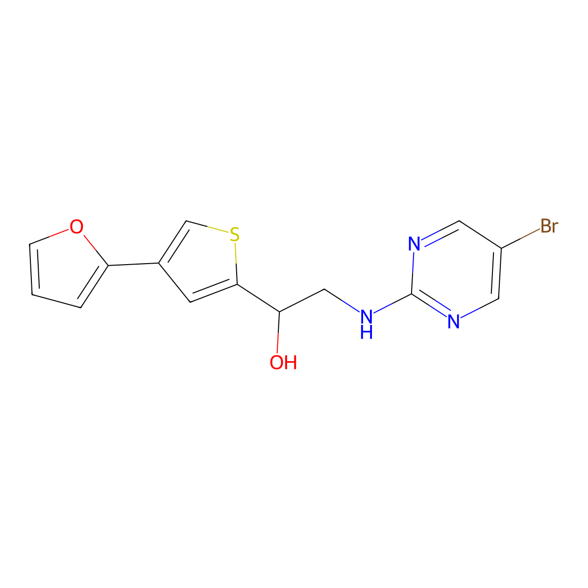 2-[(5-Bromopyrimidin-2-yl)amino]-1-[4-(furan-2-yl)thiophen-2-yl]ethan-1-ol molecular structure, CAS 2380061-91-4