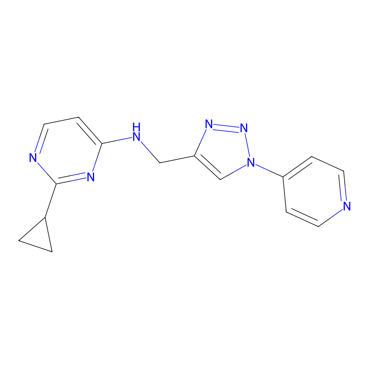 2-cyclopropyl-N-{[1-(pyridin-4-yl)-1H-1,2,3-triazol-4-yl]methyl}pyrimidin-4-amine molecular structure, CAS 2380061-95-8