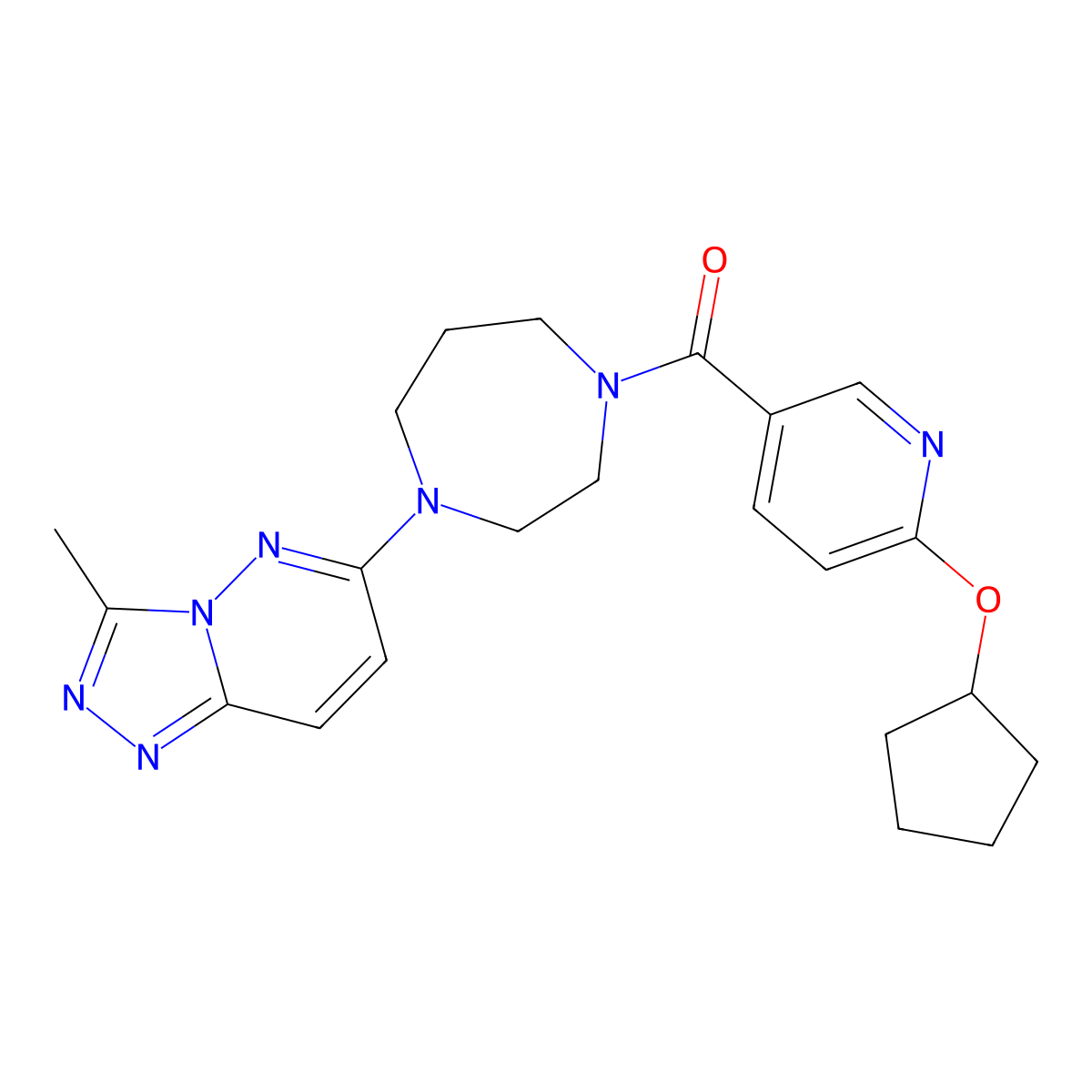 1-[6-(Cyclopentyloxy)pyridine-3-carbonyl]-4-{3-methyl-[1,2,4]triazolo[4,3-b]pyridazin-6-yl}-1,4-diazepane molecular structure, CAS 2380062-18-8