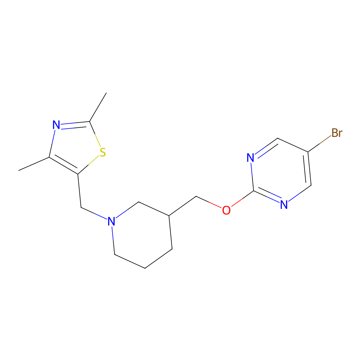 5-Bromo-2-({1-[(2,4-dimethyl-1,3-thiazol-5-yl)methyl]piperidin-3-yl}methoxy)pyrimidine molecular structure, CAS 2380062-40-6