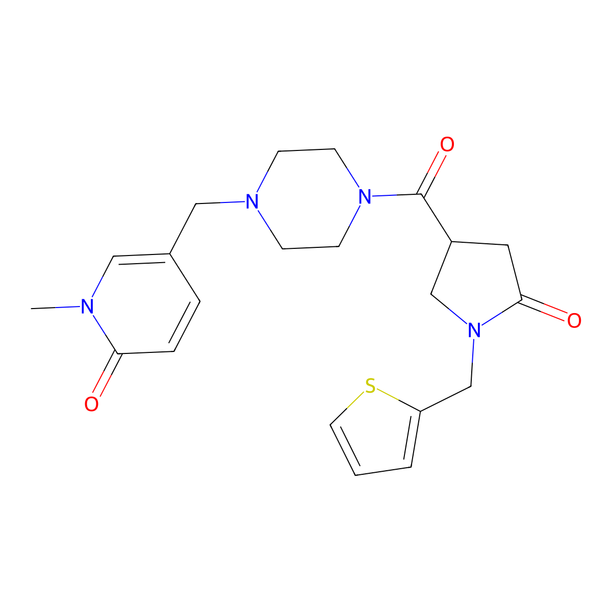 1-Methyl-5-[(4-{5-oxo-1-[(thiophen-2-yl)methyl]pyrrolidine-3-carbonyl}piperazin-1-yl)methyl]-1,2-dihydropyridin-2-one molecular structure, CAS 2380062-55-3