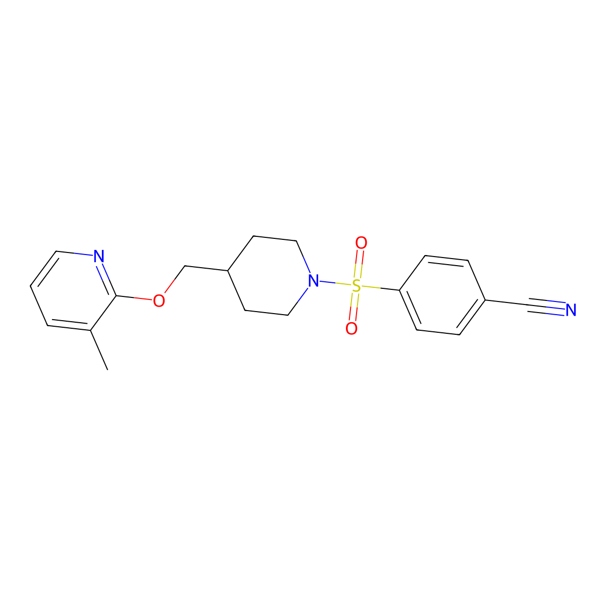 4-[(4-{[(3-Methylpyridin-2-yl)oxy]methyl}piperidin-1-yl)sulfonyl]benzonitrile molecular structure, CAS 2380062-57-5