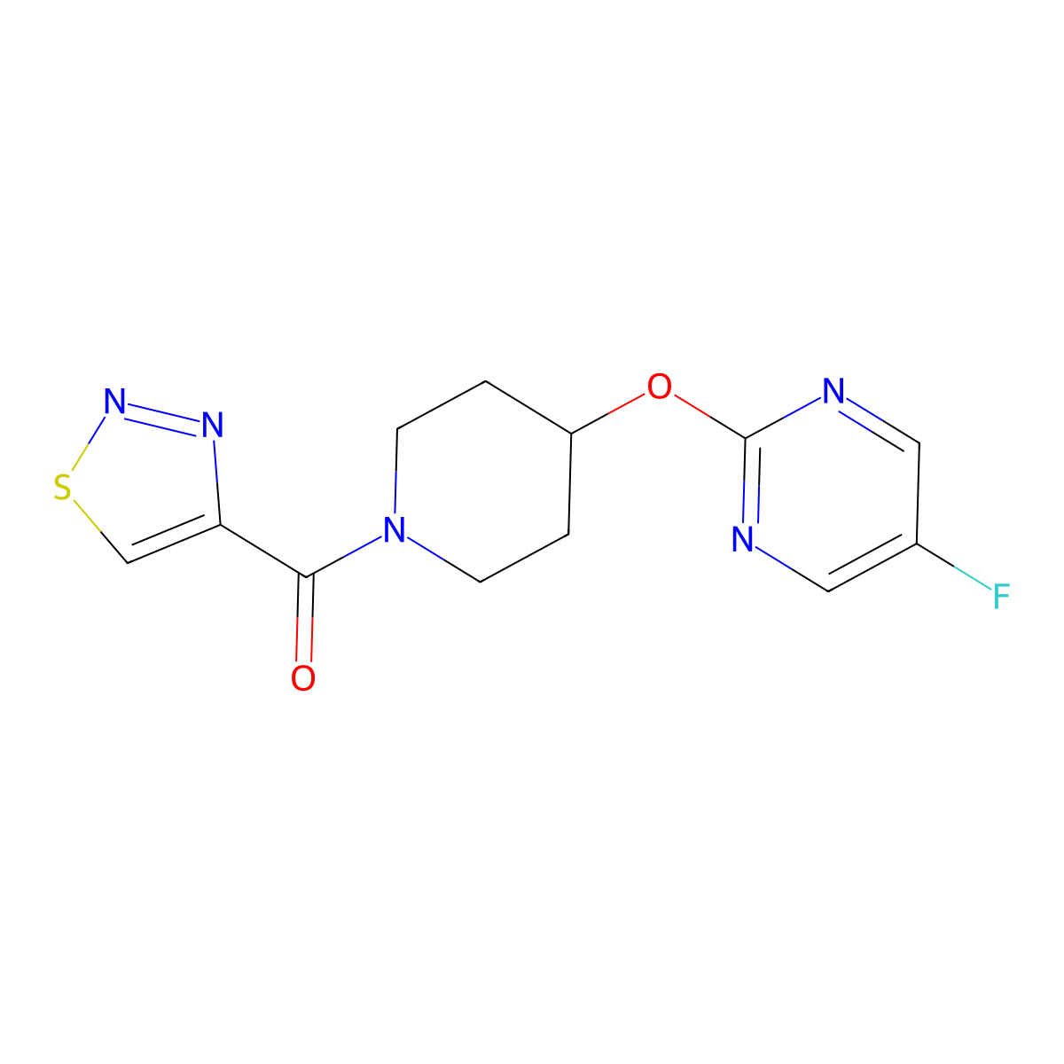 5-Fluoro-2-{[1-(1,2,3-thiadiazole-4-carbonyl)piperidin-4-yl]oxy}pyrimidine molecular structure, CAS 2380062-63-3