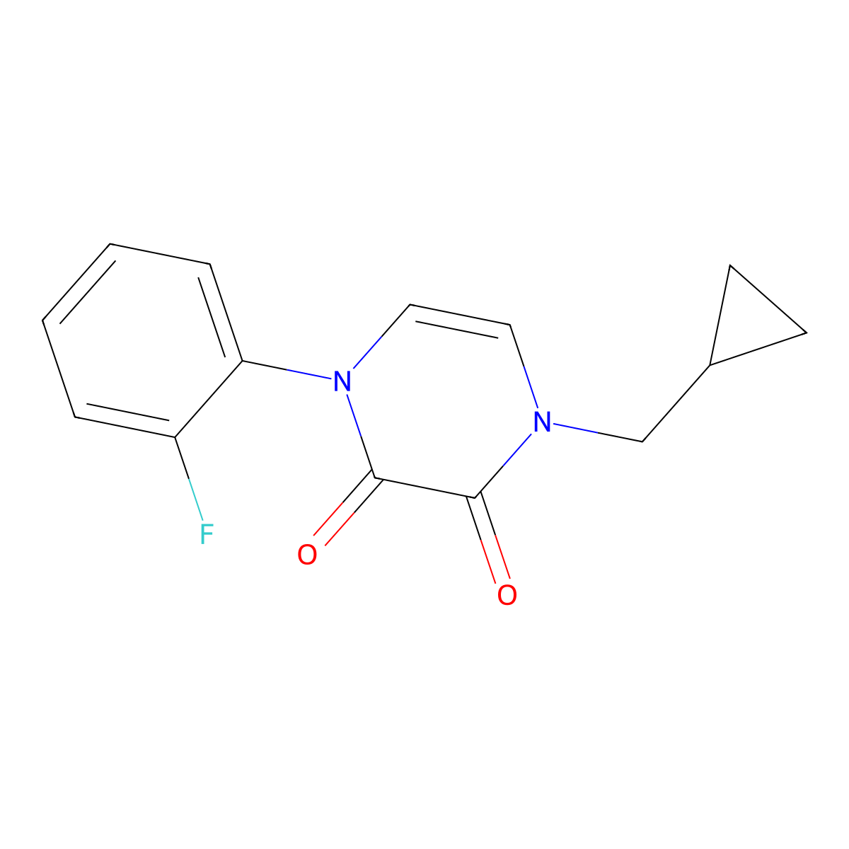1-(Cyclopropylmethyl)-4-(2-fluorophenyl)-1,2,3,4-tetrahydropyrazine-2,3-dione molecular structure, CAS 2380062-70-2
