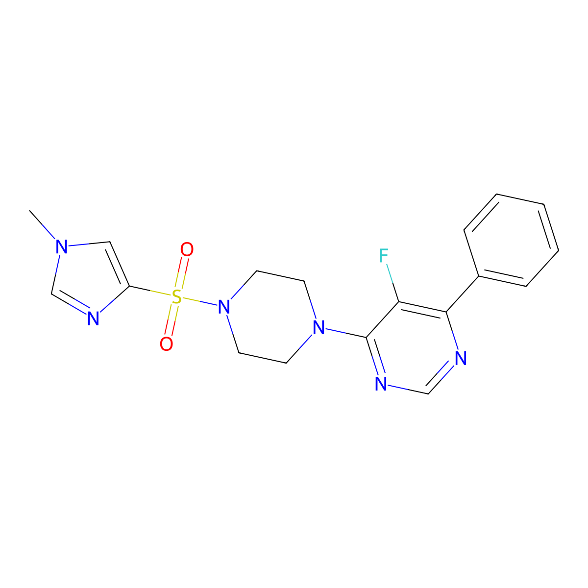 5-fluoro-4-{4-[(1-methyl-1H-imidazol-4-yl)sulfonyl]piperazin-1-yl}-6-phenylpyrimidine molecular structure, CAS 2380062-74-6