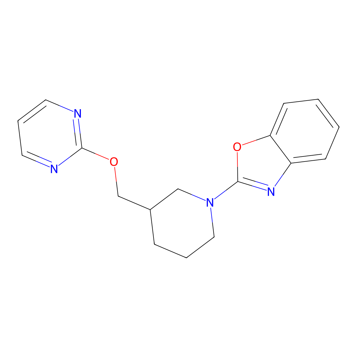 2-{3-[(Pyrimidin-2-yloxy)methyl]piperidin-1-yl}-1,3-benzoxazole molecular structure, CAS 2380063-16-9
