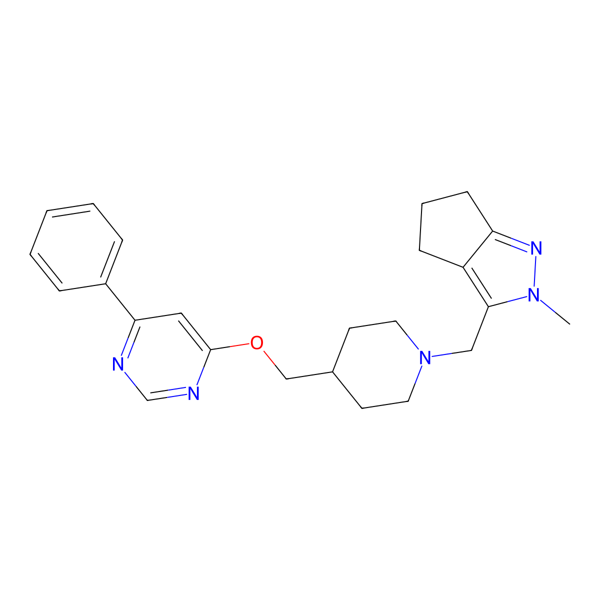 4-{[1-({2-methyl-2H,4H,5H,6H-cyclopenta[c]pyrazol-3-yl}methyl)piperidin-4-yl]methoxy}-6-phenylpyrimidine molecular structure, CAS 2380063-31-8