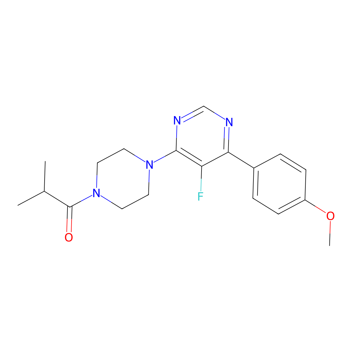1-{4-[5-Fluoro-6-(4-methoxyphenyl)pyrimidin-4-yl]piperazin-1-yl}-2-methylpropan-1-one molecular structure, CAS 2380063-42-1