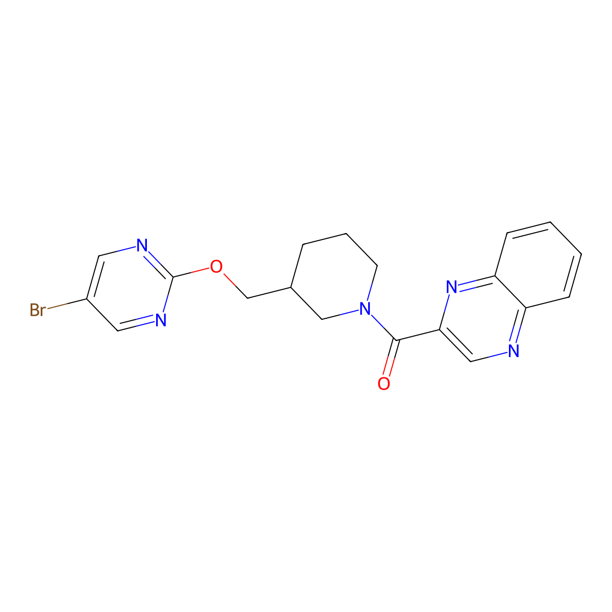2-(3-{[(5-Bromopyrimidin-2-yl)oxy]methyl}piperidine-1-carbonyl)quinoxaline molecular structure, CAS 2380063-69-2
