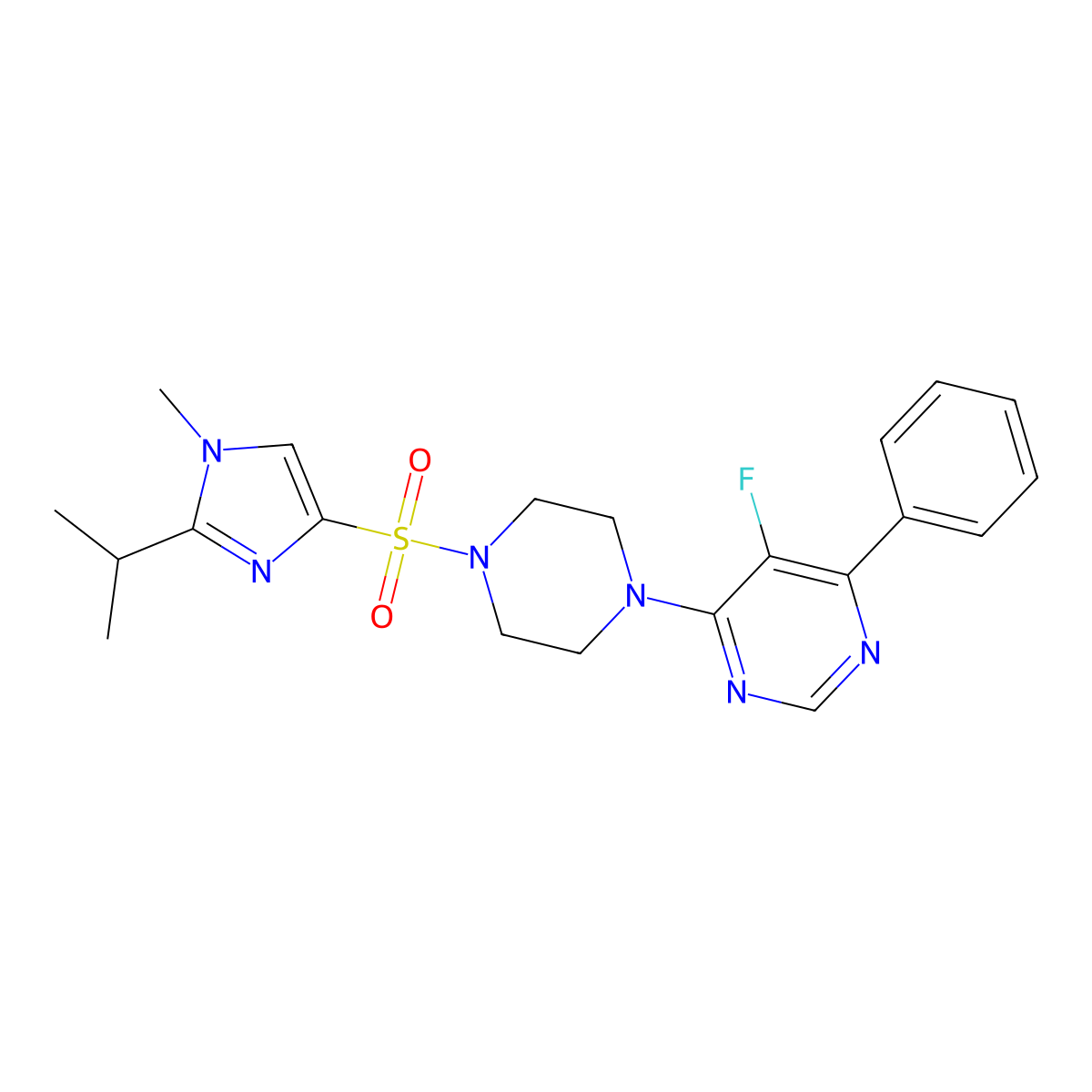 5-fluoro-4-(4-{[1-methyl-2-(propan-2-yl)-1H-imidazol-4-yl]sulfonyl}piperazin-1-yl)-6-phenylpyrimidine molecular structure, CAS 2380063-81-8