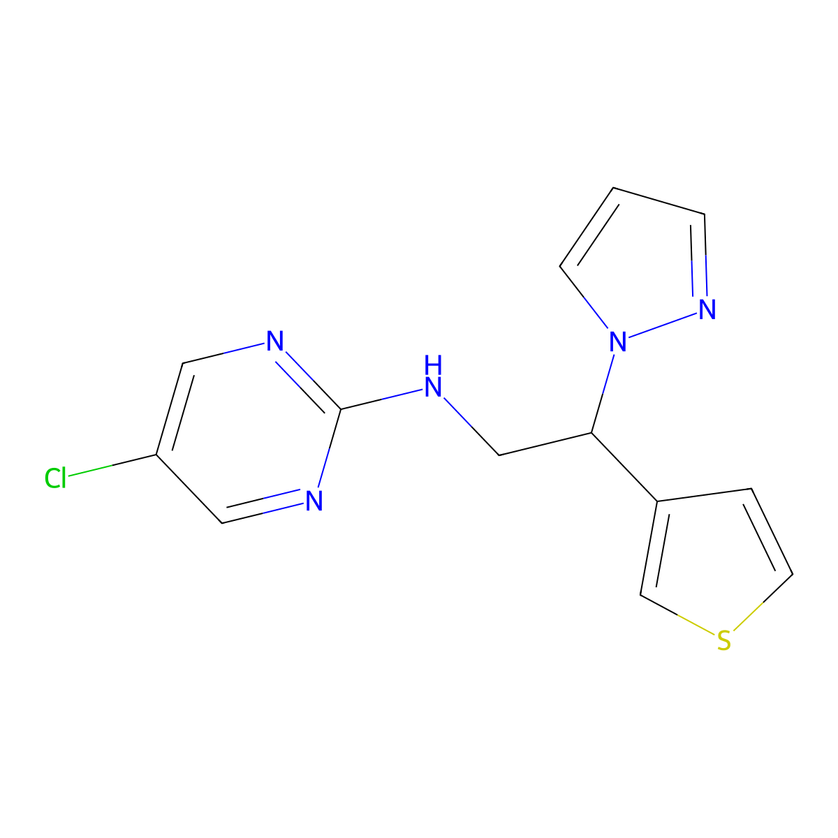 5-chloro-N-[2-(1H-pyrazol-1-yl)-2-(thiophen-3-yl)ethyl]pyrimidin-2-amine molecular structure, CAS 2380063-82-9