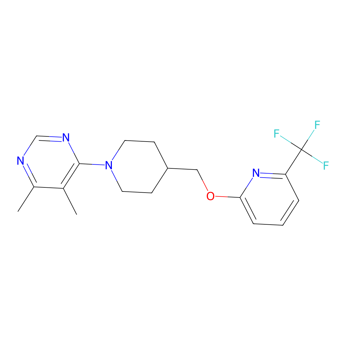 4,5-Dimethyl-6-[4-({[6-(trifluoromethyl)pyridin-2-yl]oxy}methyl)piperidin-1-yl]pyrimidine molecular structure, CAS 2380064-08-2