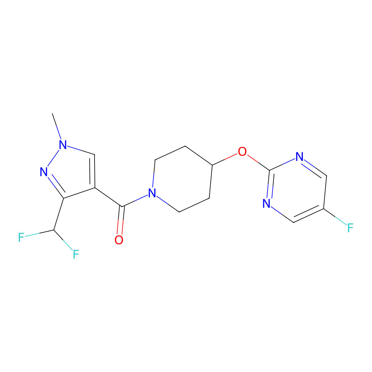 2-({1-[3-(difluoromethyl)-1-methyl-1H-pyrazole-4-carbonyl]piperidin-4-yl}oxy)-5-fluoropyrimidine molecular structure, CAS 2380064-26-4
