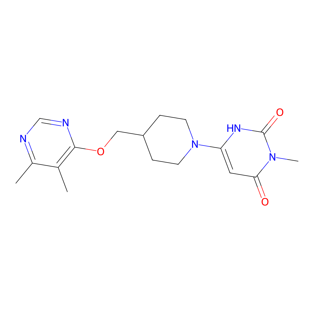 6-[4-[(5,6-Dimethylpyrimidin-4-yl)oxymethyl]piperidin-1-yl]-3-methyl-1H-pyrimidine-2,4-dione molecular structure, CAS 2380064-34-4