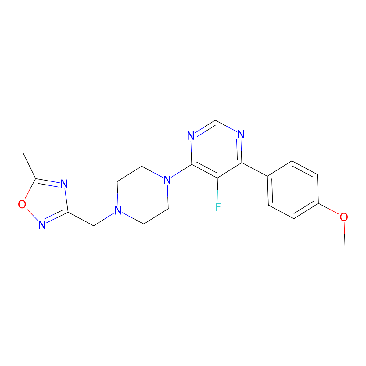 5-Fluoro-4-(4-methoxyphenyl)-6-{4-[(5-methyl-1,2,4-oxadiazol-3-yl)methyl]piperazin-1-yl}pyrimidine molecular structure, CAS 2380067-15-0