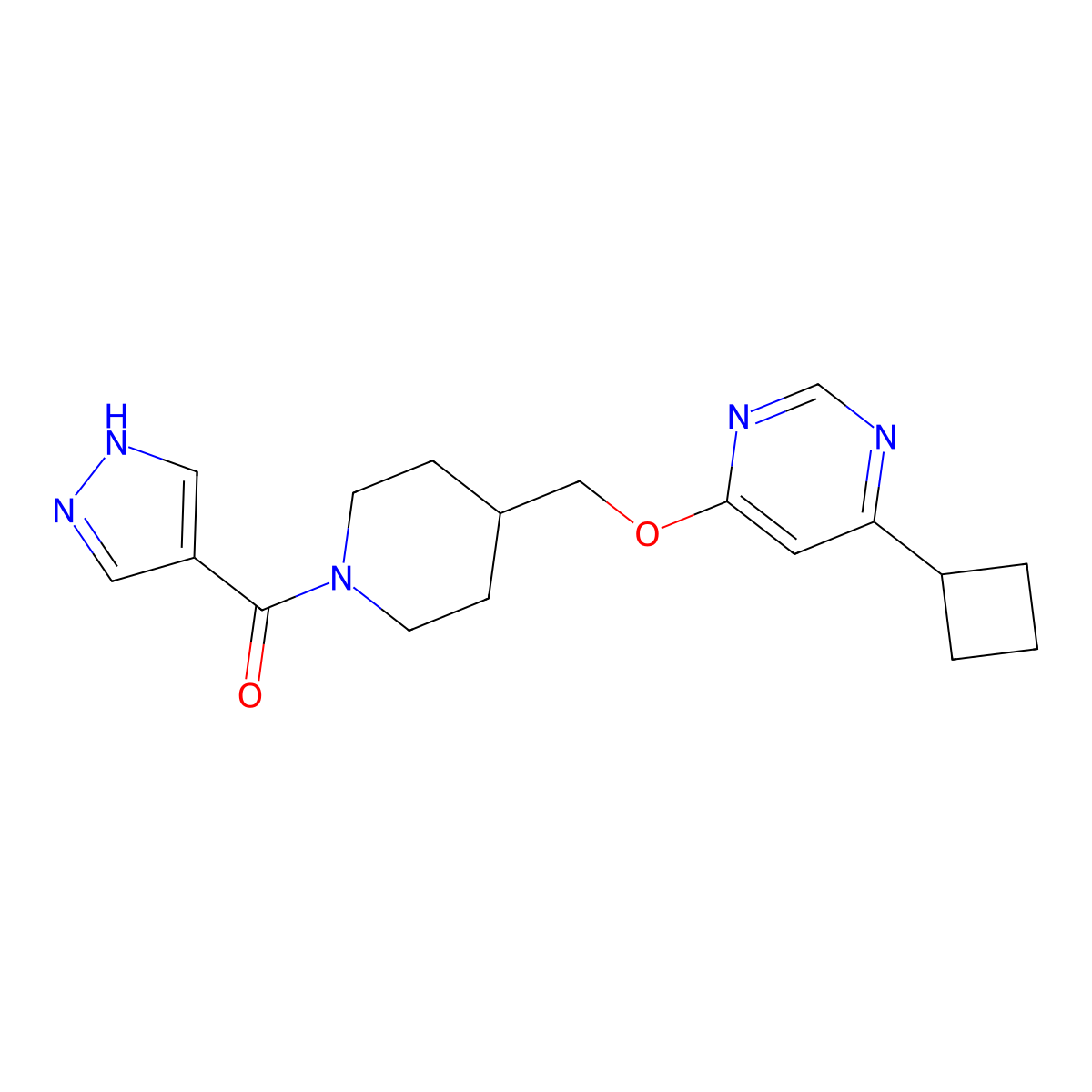 4-cyclobutyl-6-{[1-(1H-pyrazole-4-carbonyl)piperidin-4-yl]methoxy}pyrimidine molecular structure, CAS 2380067-26-3