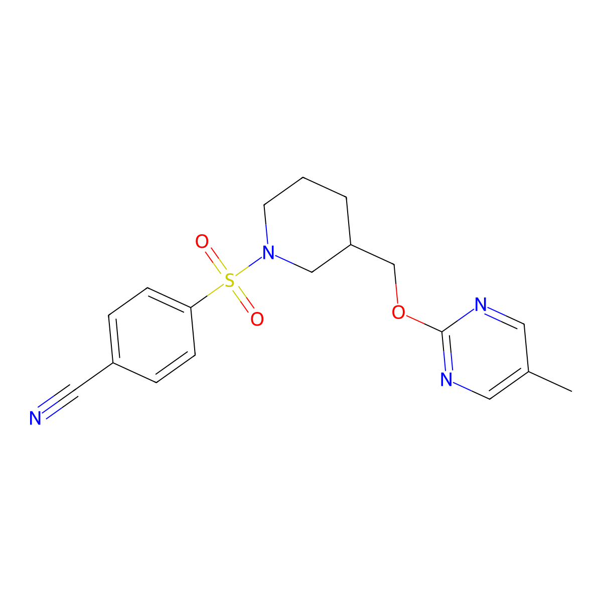 4-[(3-{[(5-Methylpyrimidin-2-yl)oxy]methyl}piperidin-1-yl)sulfonyl]benzonitrile molecular structure, CAS 2380067-46-7
