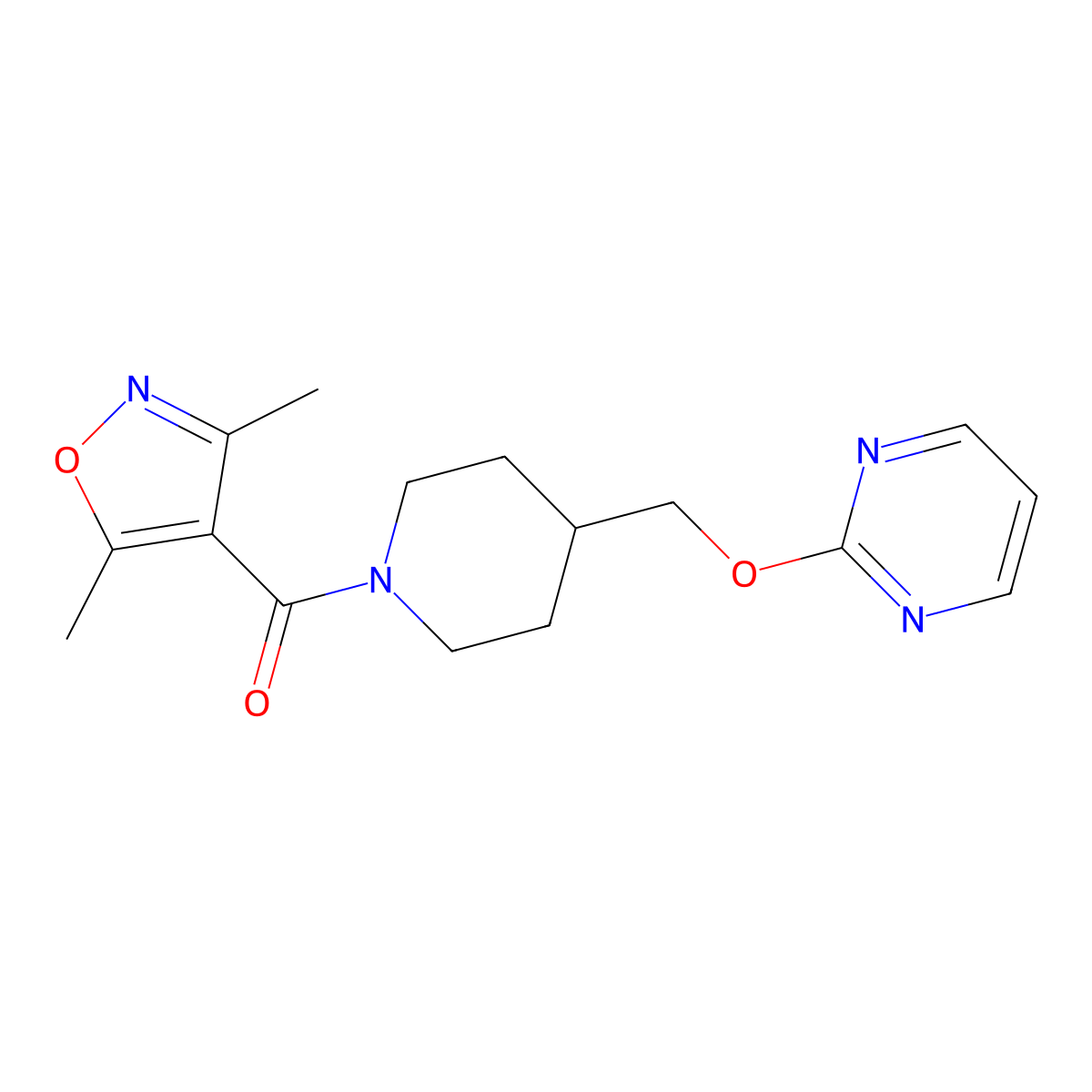 2-{[1-(3,5-Dimethyl-1,2-oxazole-4-carbonyl)piperidin-4-yl]methoxy}pyrimidine molecular structure, CAS 2380067-57-0