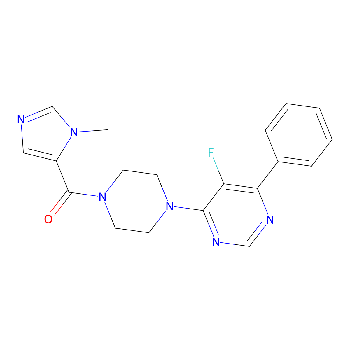 5-fluoro-4-[4-(1-methyl-1H-imidazole-5-carbonyl)piperazin-1-yl]-6-phenylpyrimidine molecular structure, CAS 2380067-65-0