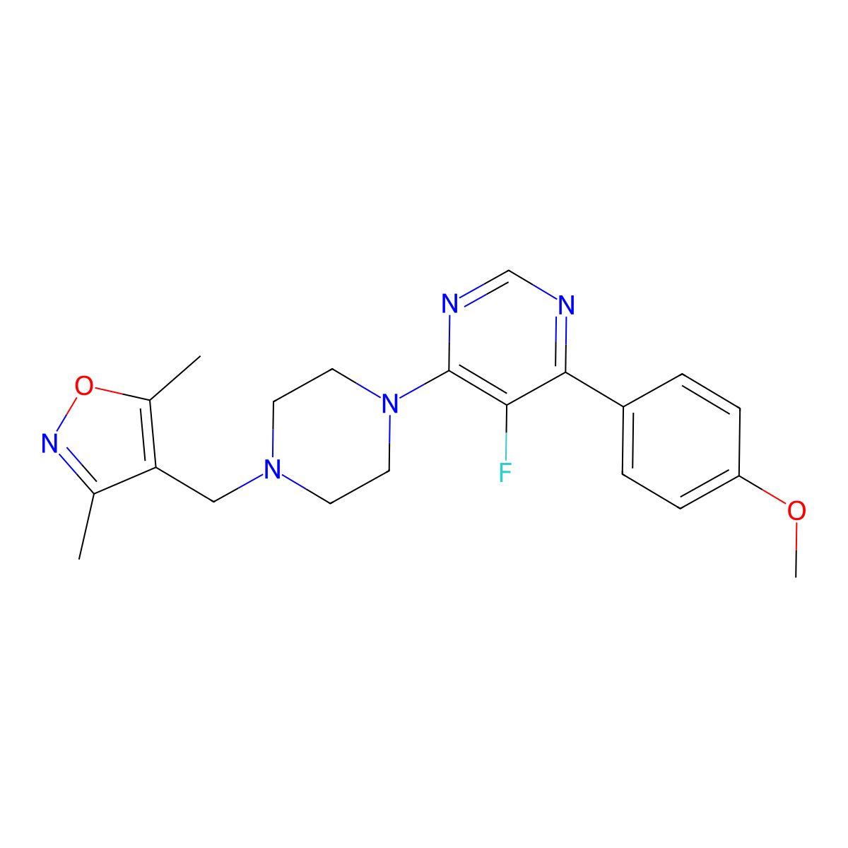 4-{4-[(3,5-Dimethyl-1,2-oxazol-4-yl)methyl]piperazin-1-yl}-5-fluoro-6-(4-methoxyphenyl)pyrimidine molecular structure, CAS 2380067-74-1