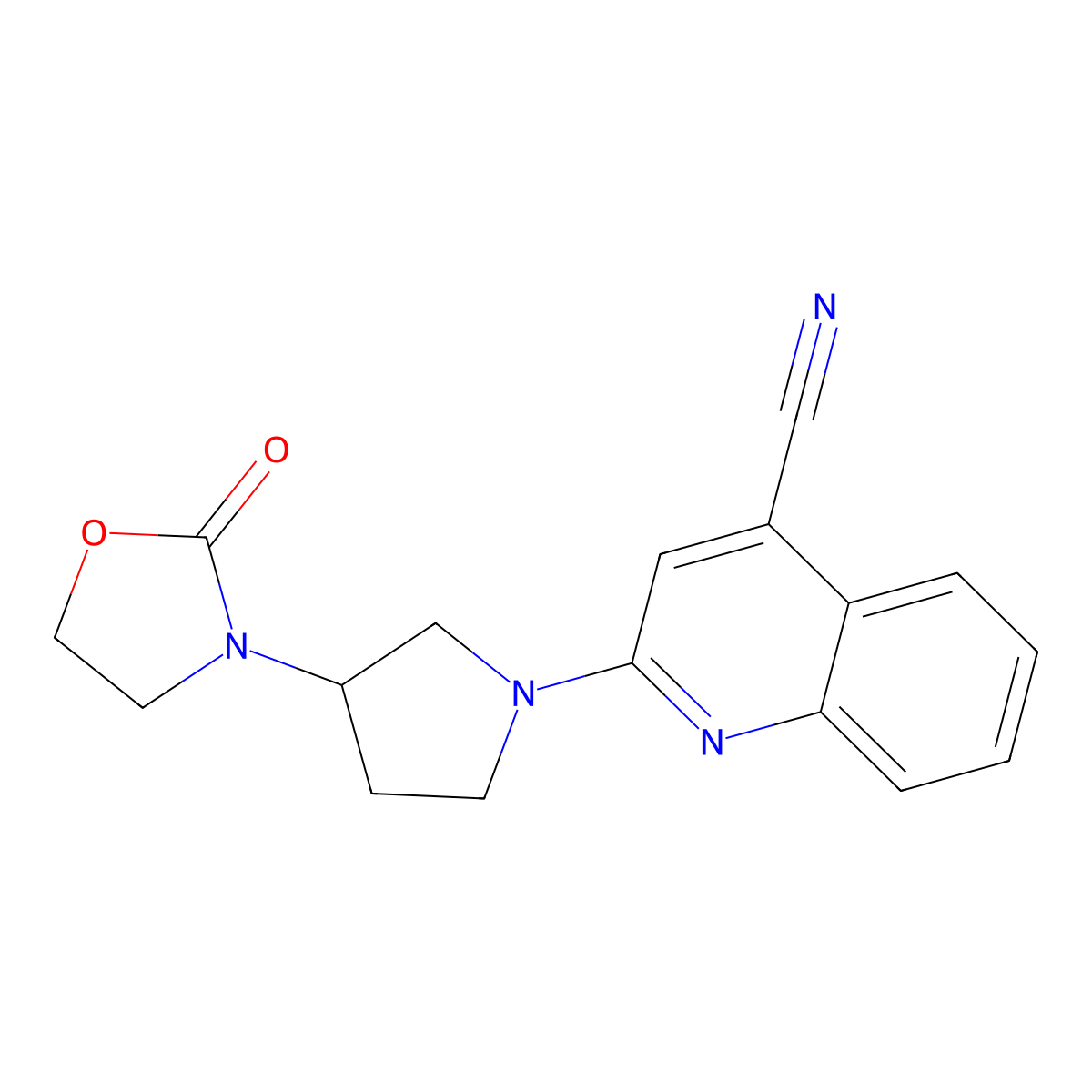 2-[3-(2-Oxo-1,3-oxazolidin-3-yl)pyrrolidin-1-yl]quinoline-4-carbonitrile molecular structure, CAS 2380067-87-6